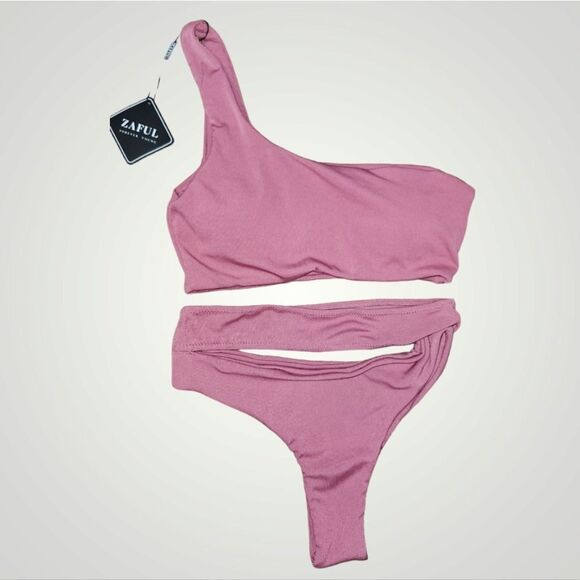 Zaful pink ribbed one should bikini set Medium - Picture 1 of 12